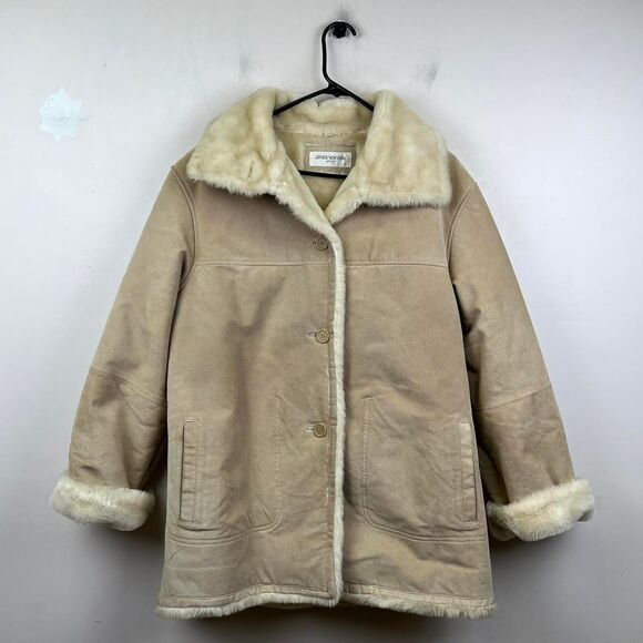 Jones New York Sport Beige Suede Leather Jacket Coat White Faux Fur Size M - Picture 1 of 8